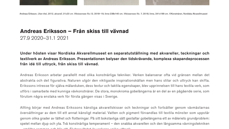 Höstens utställning på Nordiska Akvarellmuseet: Andreas Eriksson – Från skiss till vävnad