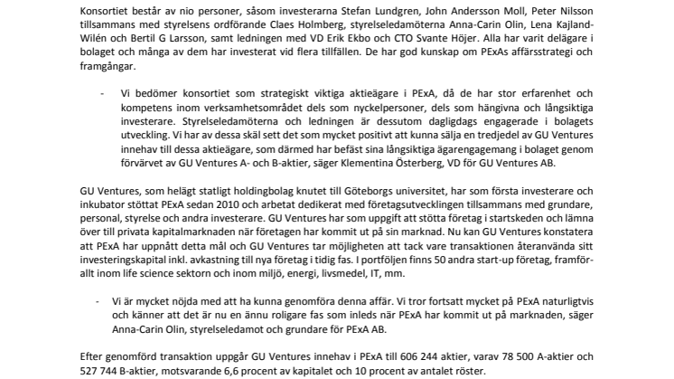Konsortium förvärvar del av GU Ventures aktiepost i PExA