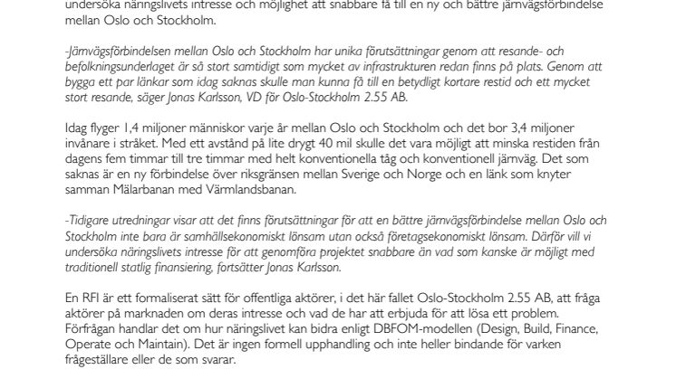 ​Oslo-Stockholm 2.55 AB genomför en RFI för att undersöka näringslivets intresse för att bygga järnvägsförbindelse mellan huvudstäderna