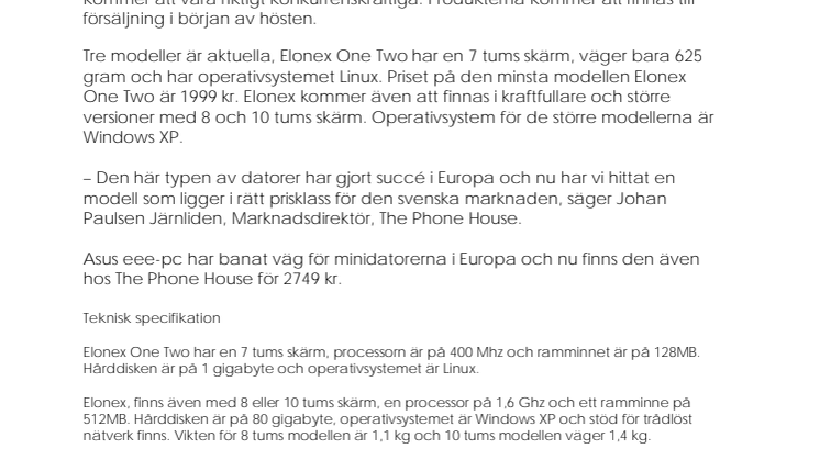 The Phone House lanserar Elonex minidatorer i Sverige