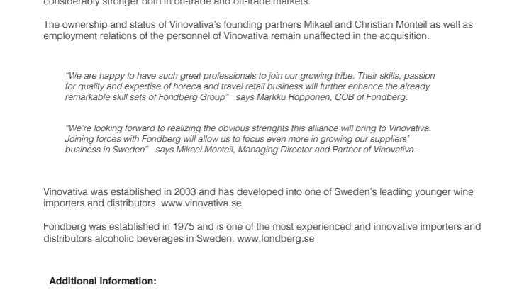 Fondberg Group acquires majority of Vinovativa AB