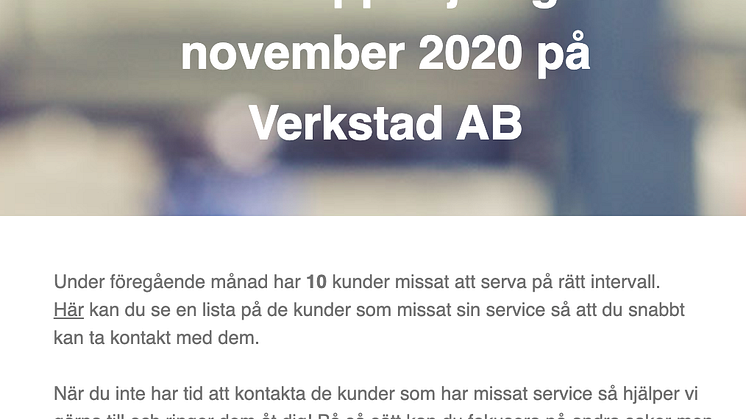 Verkstad e-posttjänst: Serviceuppföljning för kunder som missat serva.