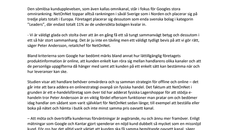 Google: NetOnNet bäst i Norden på sömlös kundupplevelse
