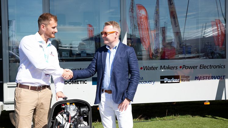 Hi-res image - Fischer Panda UK - Fischer Panda UK’s Marketing Director, Chris Fower, and Fairline’s Design and Engineering Director, Wayne Huntley, at Southampton Boat Show