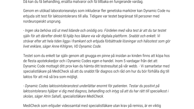 Dynamic Codes DNA-test för laktosintolerans fungerar nu för alla
