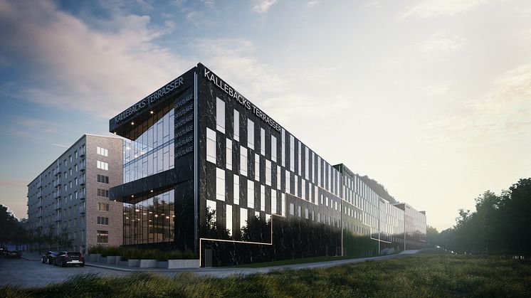 Skiss över hur kontorsbyggnaden i Kallebäcks Terrasser kommer att se ut.