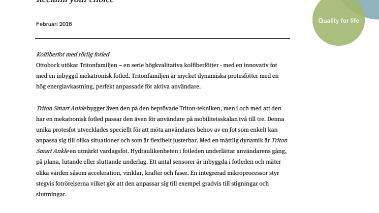 Ottobock lanserar protesfotleden Triton Smart Ankle  i Skandinavien, Norden 