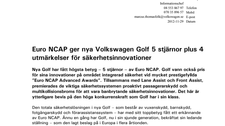 Euro NCAP ger nya Volkswagen Golf 5 stjärnor plus 4 utmärkelser för säkerhetsinnovationer