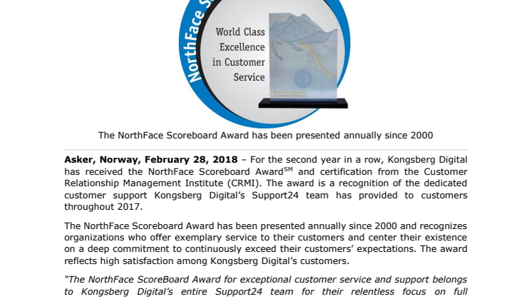 Kongsberg Digital receives prestigious customer support excellence award for the second year running
