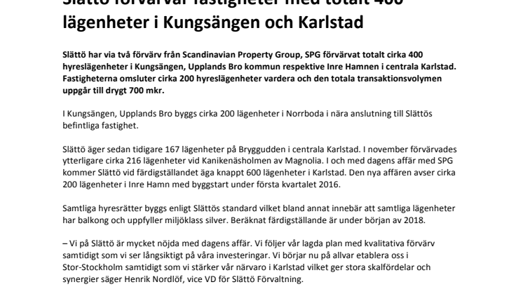 Slättö förvärvar fastigheter med totalt 400 lägenheter i Kungsängen och Karlstad
