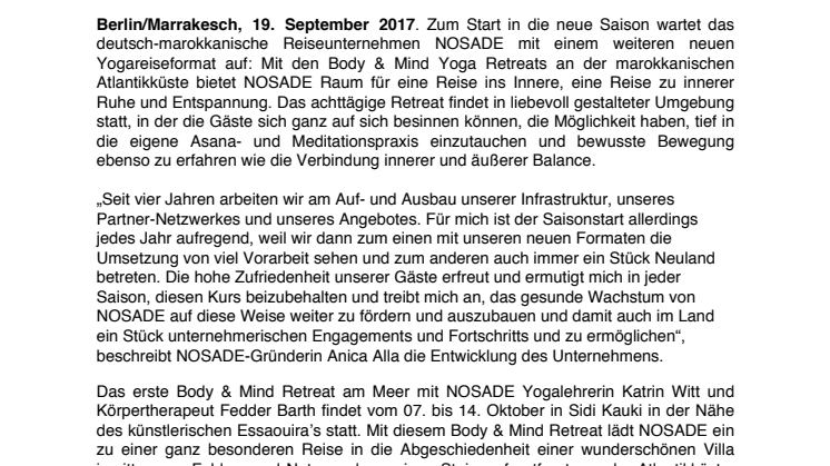Deutsch-marokkanisches Reiseunternehmen NOSADE startet mit neuem Retreat-Format Body & Mind am Meer in die neue Saison  