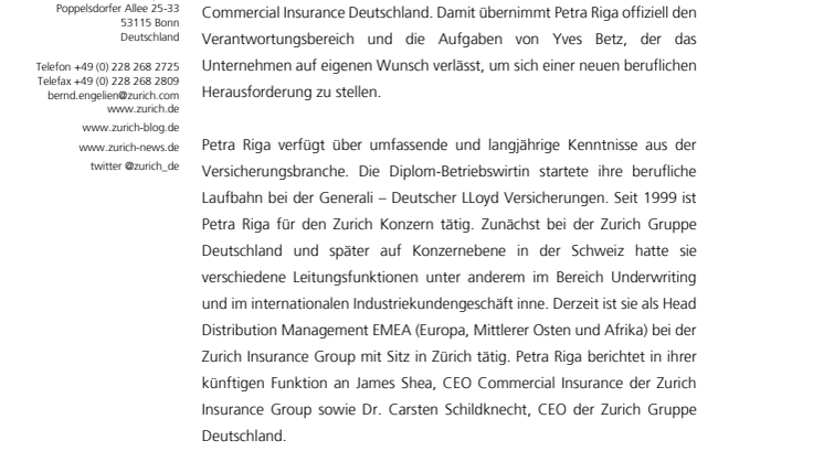 Petra Riga wird Vorstand Commercial Insurance der Zurich Gruppe Deutschland