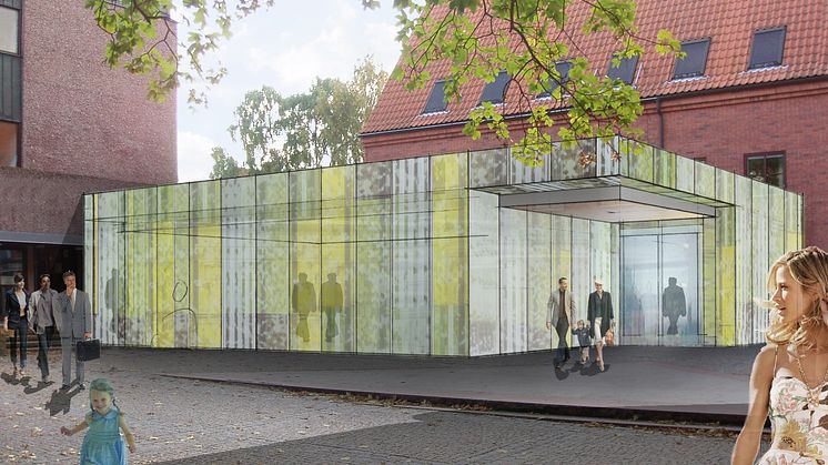 Tidningsrummet och ny entré från bibliotekstorget. Uulas Arkitekter AB