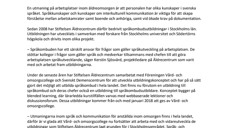 Utbildning för språkutveckling i omsorgen tas över av Vård- och omsorgscollege
