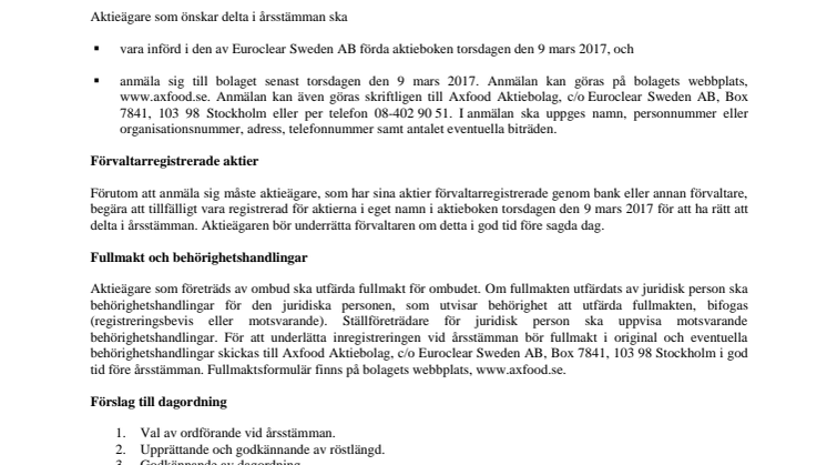 Välkommen till årsstämma 2017 i Axfood Aktiebolag