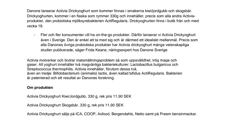 Activia välkomnar ny medlem i familjen ‐ Activia Drickyoghurt