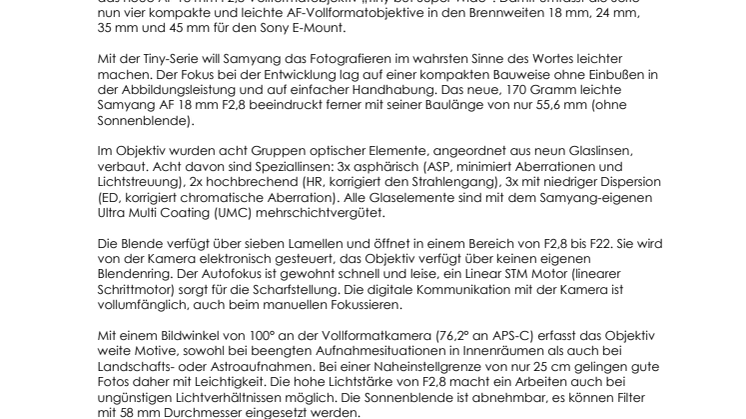 Samyang bringt kompaktes AF 18 mm F2,8 Weitwinkel-Vollformatobjektiv für Sony E Mount