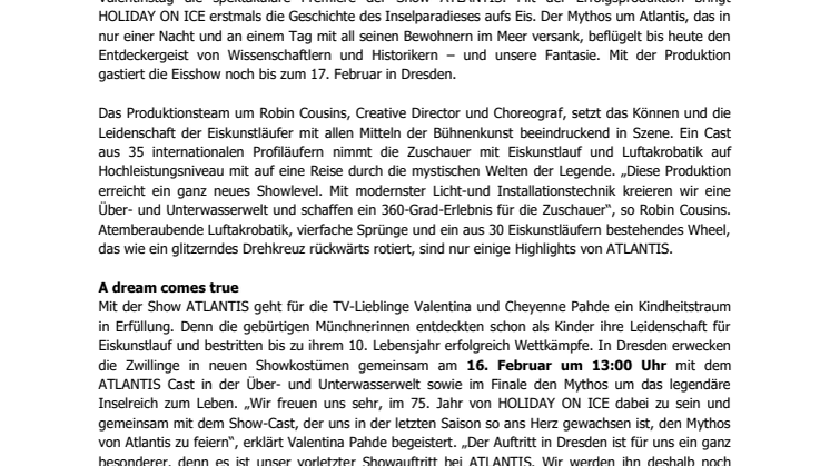 Dresden feiert Premiere von HOLIDAY ON ICE Show ATLANTIS am Valentinstag
