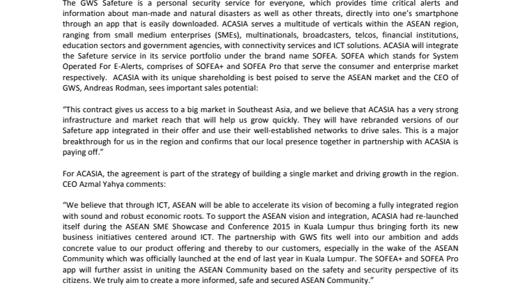 GWS’ Singapore-based subsidiary signs major partner agreement with ACASIA Communications Sdn Bhd