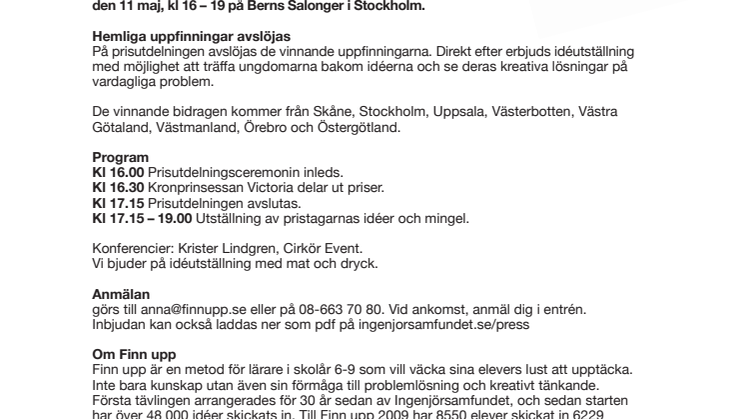 Pressinbjudan: Kronprinsessan delar ut pris i tävlingen Finn upp den 11 maj