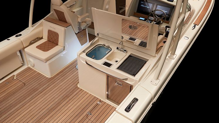 High res image -Chris-Craft Balearics-  on deck sink and fridge 