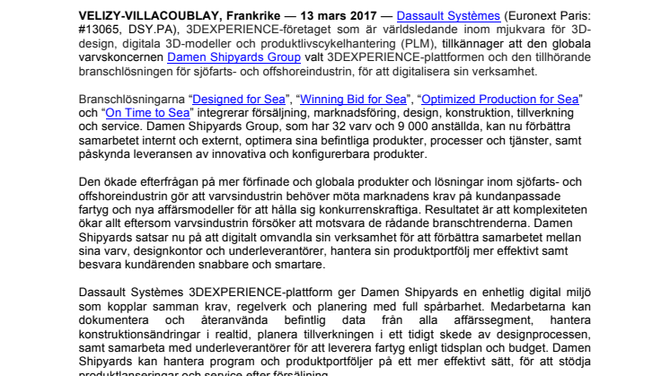 ​Damen Shipyards Group väljer Dassault Systèmes 3DEXPERIENCE-plattform för att digitalisera sin skeppsbyggnad
