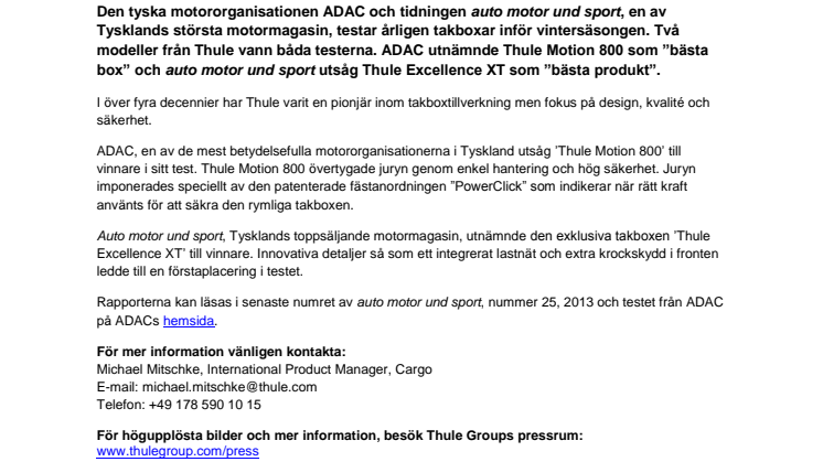 Thule Motion 800 och Thule Excellence XT ännu en gång testvinnare i Tysklands främsta takboxtester 