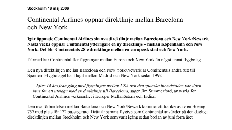 Continental Airlines öppnar direktlinje mellan Barcelona och New York