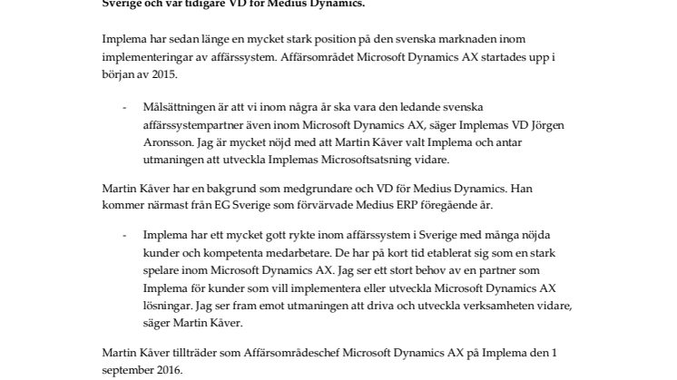 Martin Kåver ny chef för Implemas affärsområde Microsoft Dynamics AX