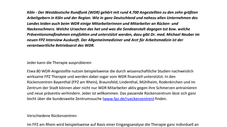 Rückenschmerz: WDR setzt u.a. auf FPZ Therapie