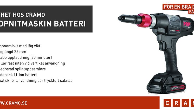 Nyhet hos Cramo: Popnitmaskin Batteri