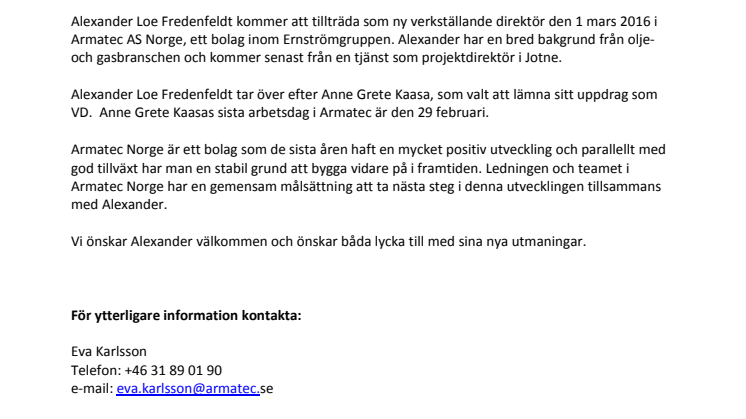 ​Ny VD i Armatec AS Norge från den 1 mars 2016