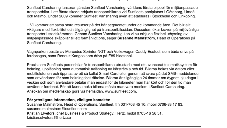 Sunfleet först med miljöanpassade transportbilar i bilpool
