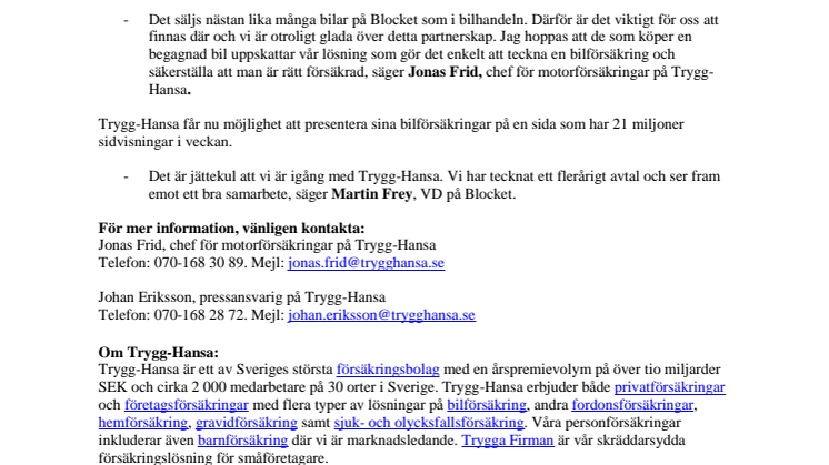 Trygg-Hansa inleder samarbete med Blocket kring bilförsäkringar 