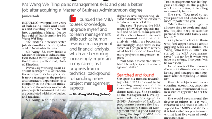 Better Prospects - Ms Wang Wei Ting gains management skills and gets a better job after acquiring a Master of Business Administration degree