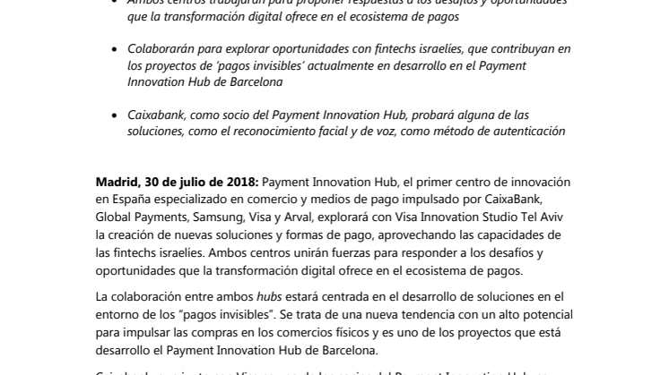Payment Innovation Hub y Visa Innovation Studio  Tel Aviv colaboran para avanzar en el futuro de los pagos 