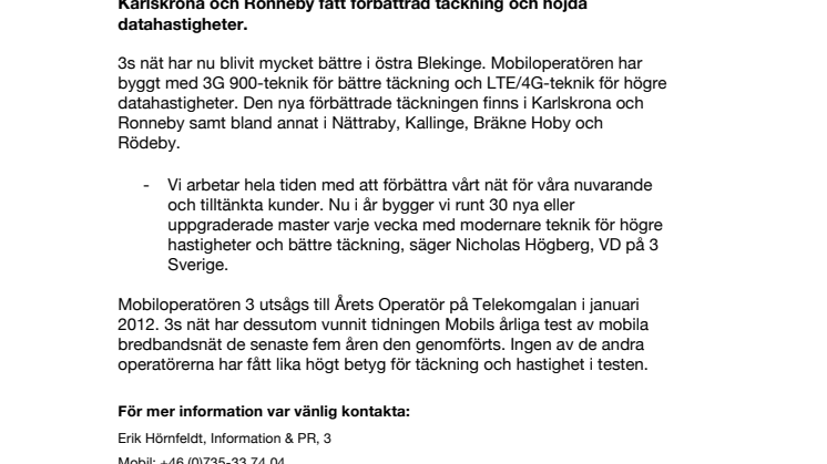 3 har byggt ut nätet i östra Blekinge