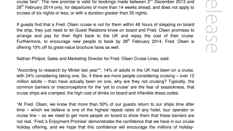 Fred. Olsen Cruise Lines launches ‘Fred.’s Enjoyment Promise’, the UK’s biggest-ever cruise initiative to attract new customers