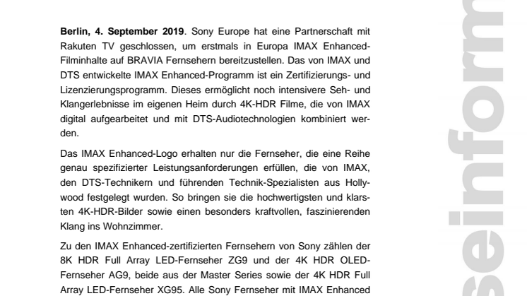 Premiere auf BRAVIA Fernsehern: Sony und Rakuten TV bringen erstmals IMAX  Enhanced-Inhalte nach Europa