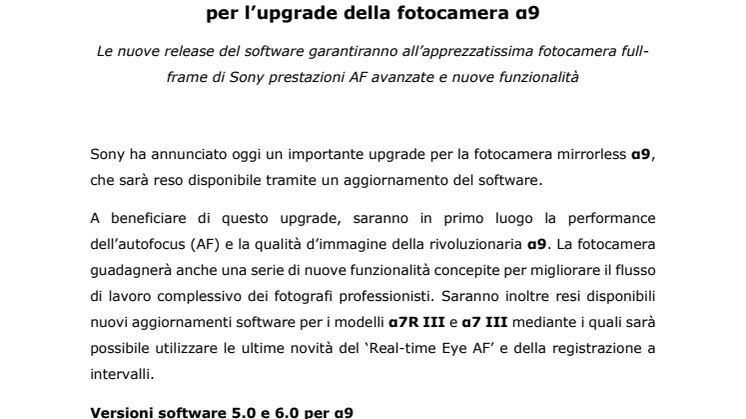 Sony annuncia un importante aggiornamento software per l’upgrade della fotocamera α9 