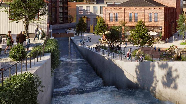 Visionsbild: Vattnet rör sig fram längs med Industrikärnan och nya bostadskvarter i Forsåker. Parallellt löper vattenledningar under marken som tar hand om de största vattenflödena och som planeras utnyttjas till vattenkraft.
