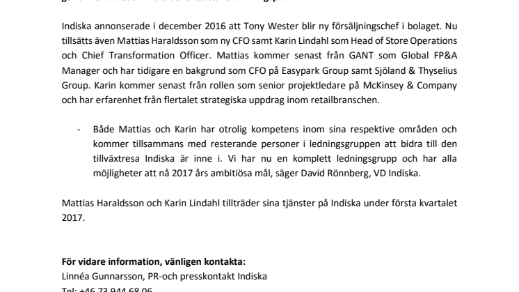 Indiska rekryterar ytterligare starka profiler till ledningsgruppen
