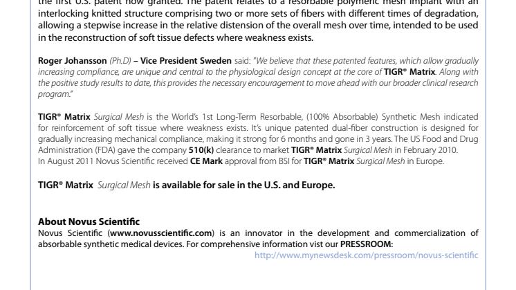Novus Scientific Announces New U.S. Patent for Mesh Implant with an Interlocking Knitted Structure; TIGR® Matrix Surgical Mesh – US 8,016,841