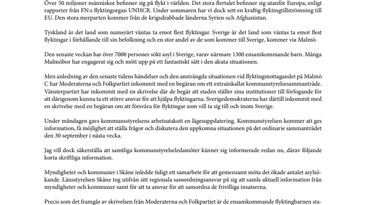 Brev till kommunstyrelsen med anledning av den senaste tidens flyktingmottagande i Malmö