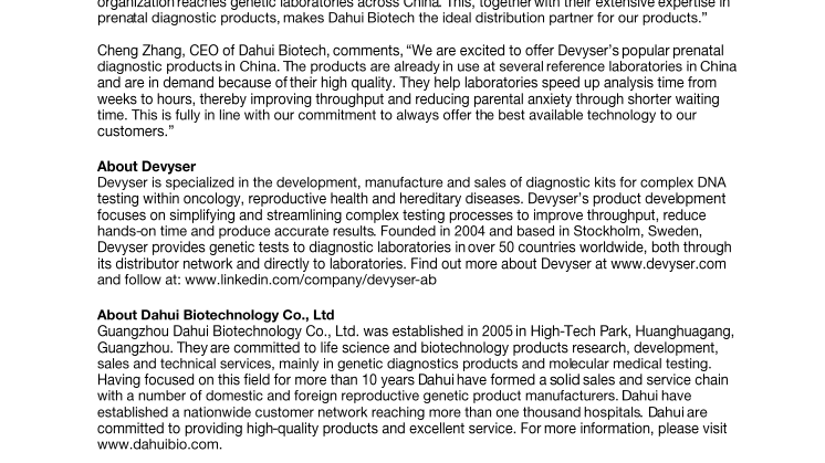 Devyser and Dahui Biotech sign distribution deal for the Chinese market
