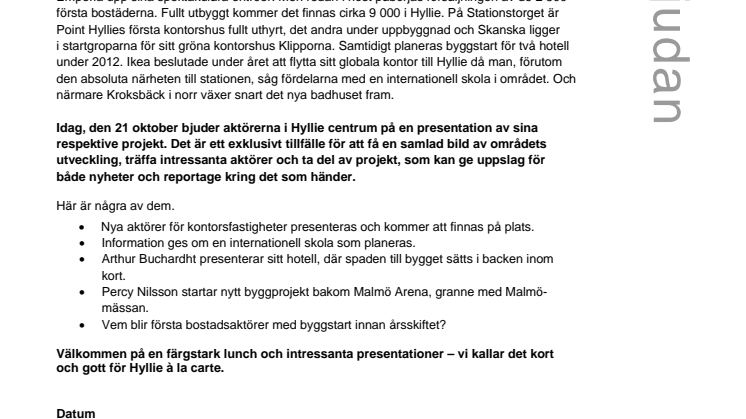 Pressinbjudan: Nyheter med lunch i Hyllie