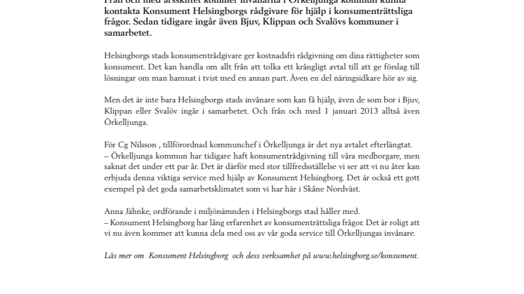 Konsument Helsingborg välkomnar Örkelljunga