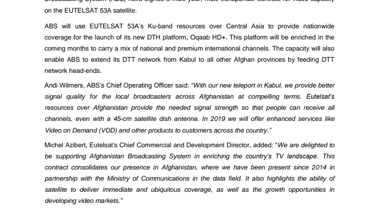 Eutelsat selected by Afghanistan Broadcasting System to provide capacity for new DTH platform