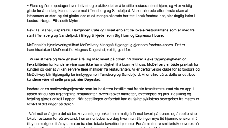 Nå kan du bestille foodora i Tønsberg og Sandefjord