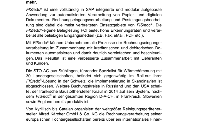 Dokumentenmanagementsystem FIS/edc ermöglicht internationale Rechnungseingangsverarbeitung